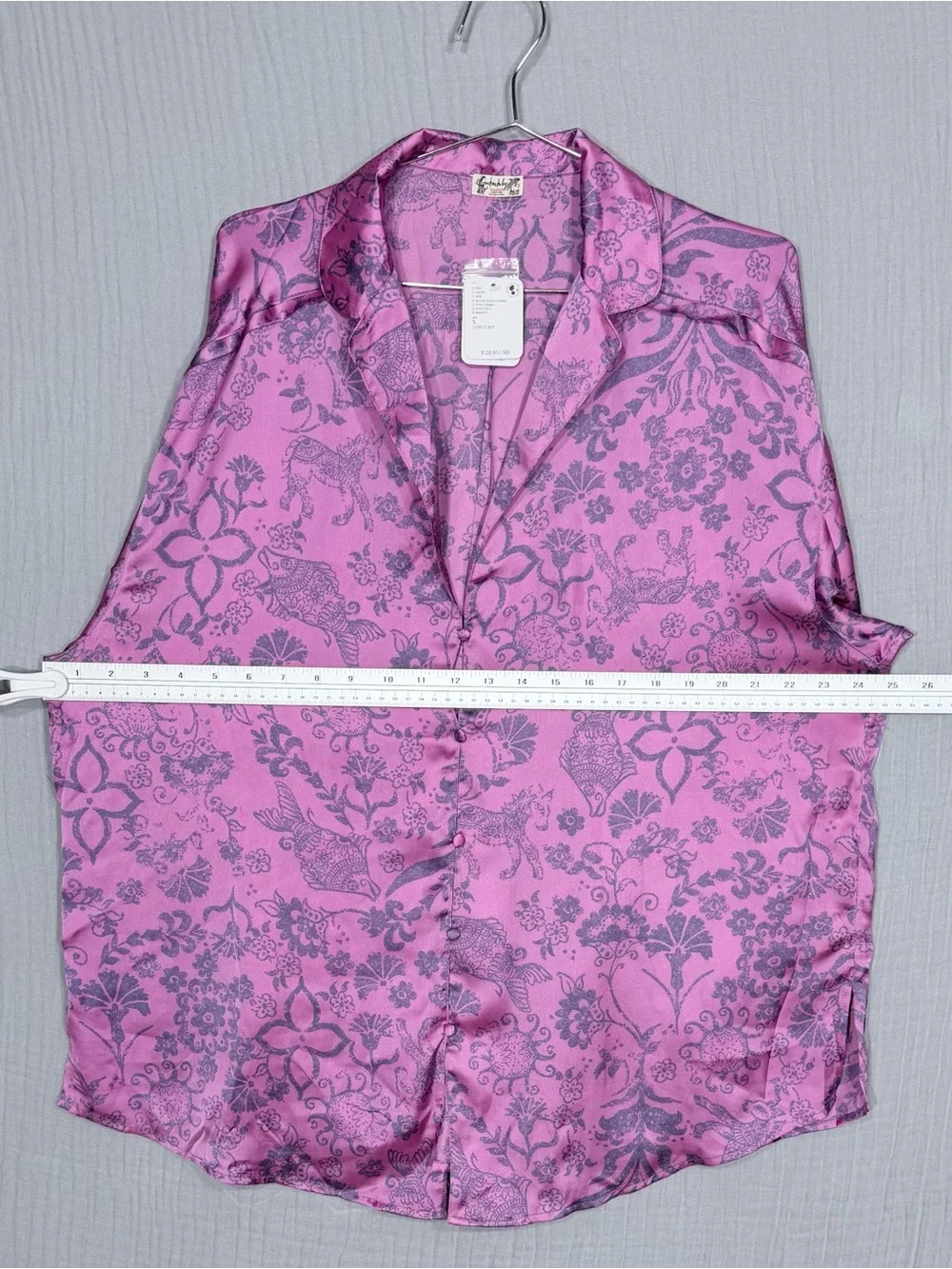 Free People Dreamy Days Pajama Top NWT Pink Print Button Front Satin TOP ONLY  S